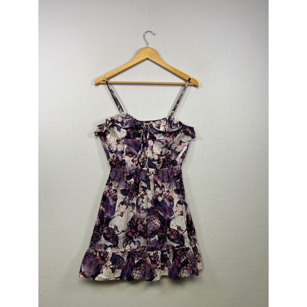 Boho Floral Vibrant OP Womens Large Purple Ruffle Mini Cotton Sundress